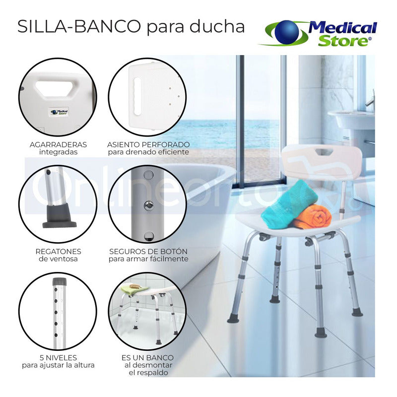 Silla Ducha Baño Respaldo Aluminio Altura Ajustable Drive