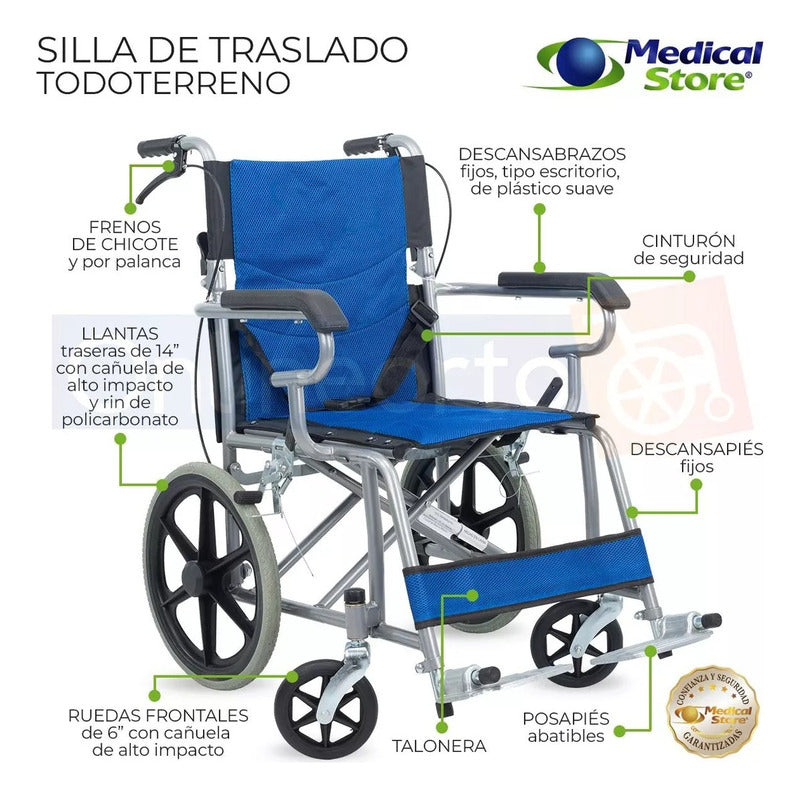 Silla De Ruedas Traslado Plegable Ligera Compacta Freno