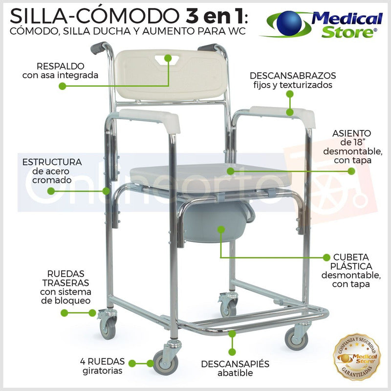 Silla Comodo Ducha Aumento Para Wc Baño 3en1 Aluminio Ruedas