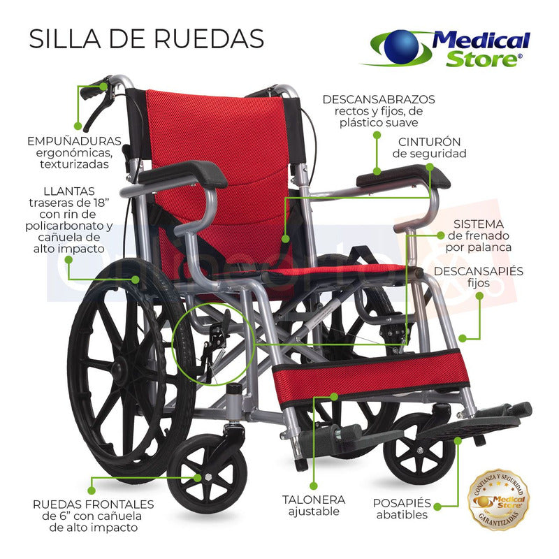 Silla De Ruedas Ligera Traslado Plegable Compacta Con Freno