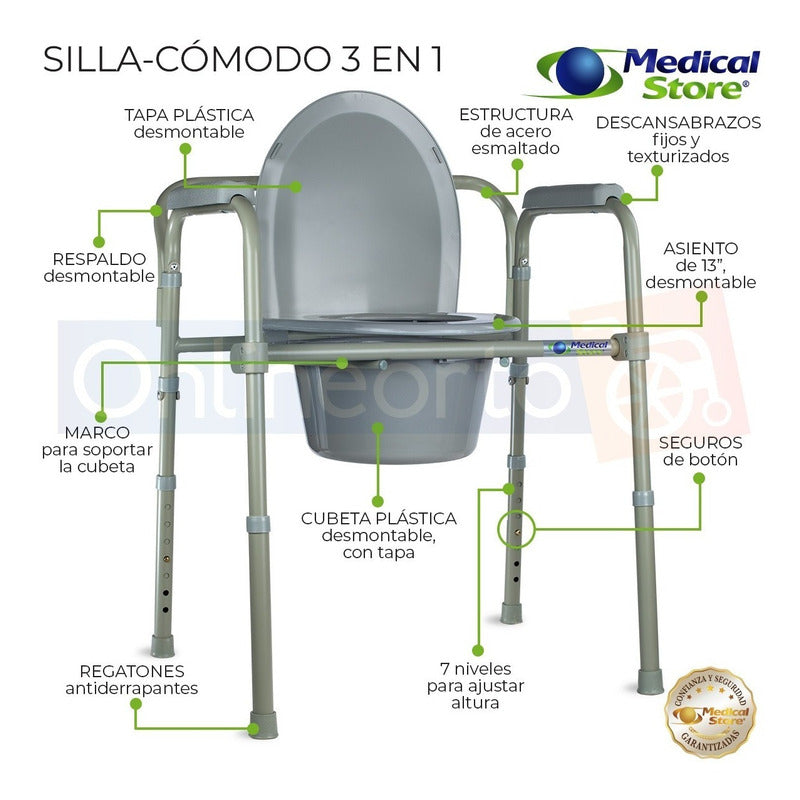 Silla Comodo Aumento Ducha Para Wc Baño 3 En 1 Plegable Ms