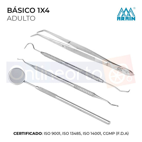 Kit Básico 1x4 Instrumental Acero Inoxidable Dental