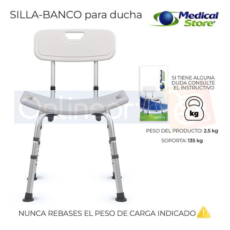 Silla Ducha Baño Respaldo Altura  Ajustable  Aluminio Banco