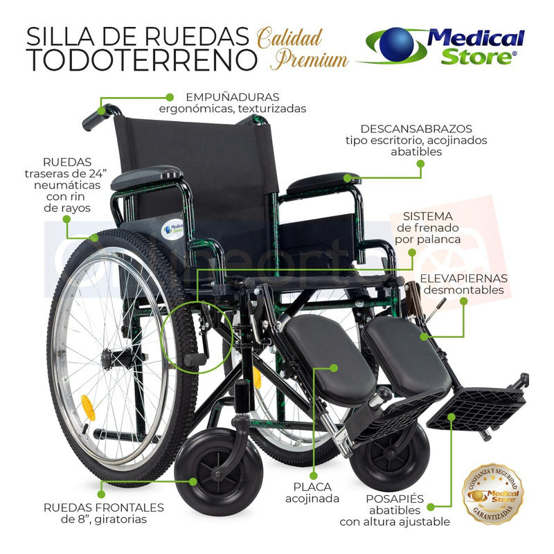 Silla De Ruedas Neumática Traslado Plegable Todo Terreno