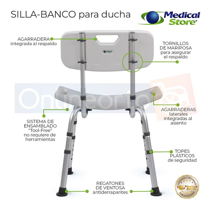 Silla Ducha Baño Respaldo Aluminio Altura Ajustable