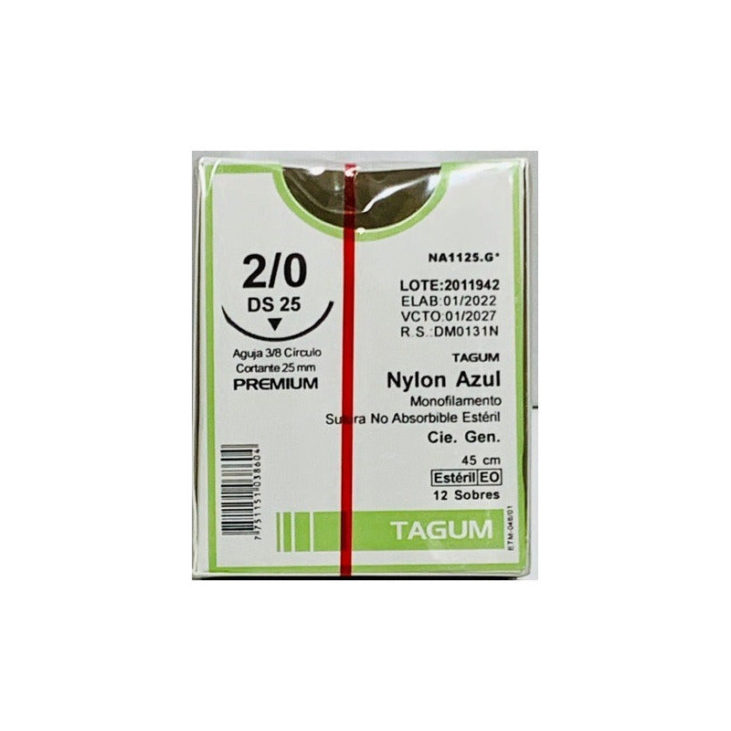 Hilo Sutura Con Aguja Quirurgica Curva Nylon 2-0 25 Mm 12 Pz