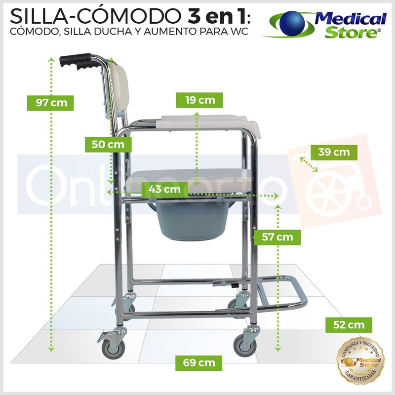 Silla Comodo Ducha Aumento  Wc Baño 3en1 Aluminio Ruedas