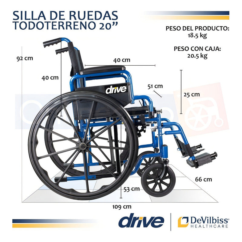 Silla De Ruedas Descansabrazos Y Descansapies 20  De Lujo Marca Drive Medical Color Azul Marino