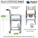 Silla Comodo Ducha Aumento  Wc Baño 3en1 Aluminio Ruedas