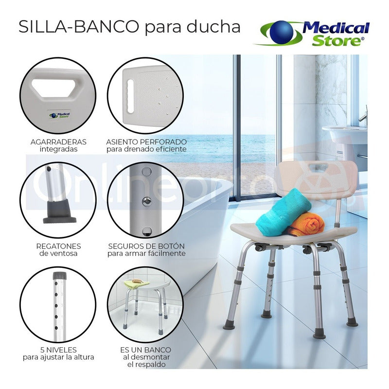 Silla Ducha Altura  Ajustable  Baño Respaldo Aluminio