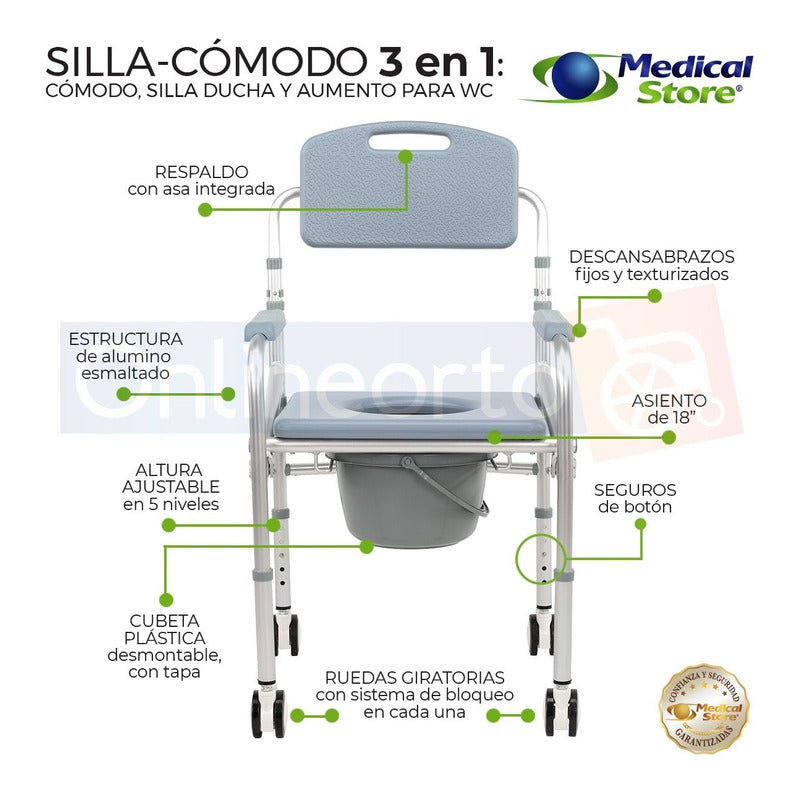 Silla Comodo Aumento Ducha Para Wc Baño 3 En 1 Aluminio