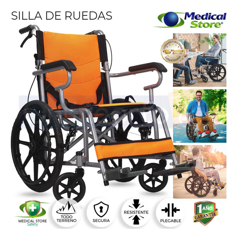 Silla De Ruedas Ligera Traslado Plegable Compacta Con Freno