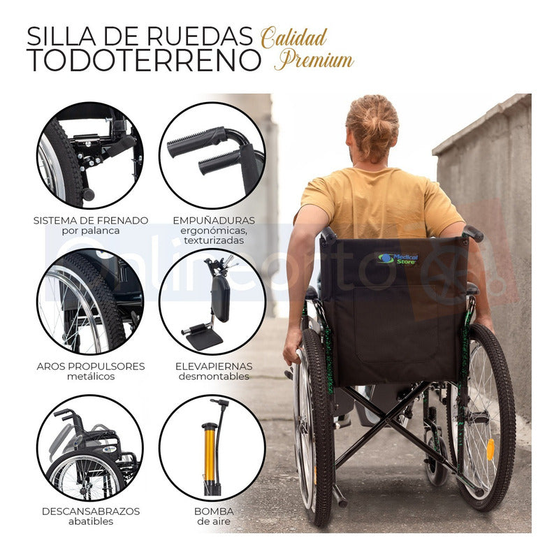 Silla De Ruedas Neumática Traslado Plegable Todo Terreno