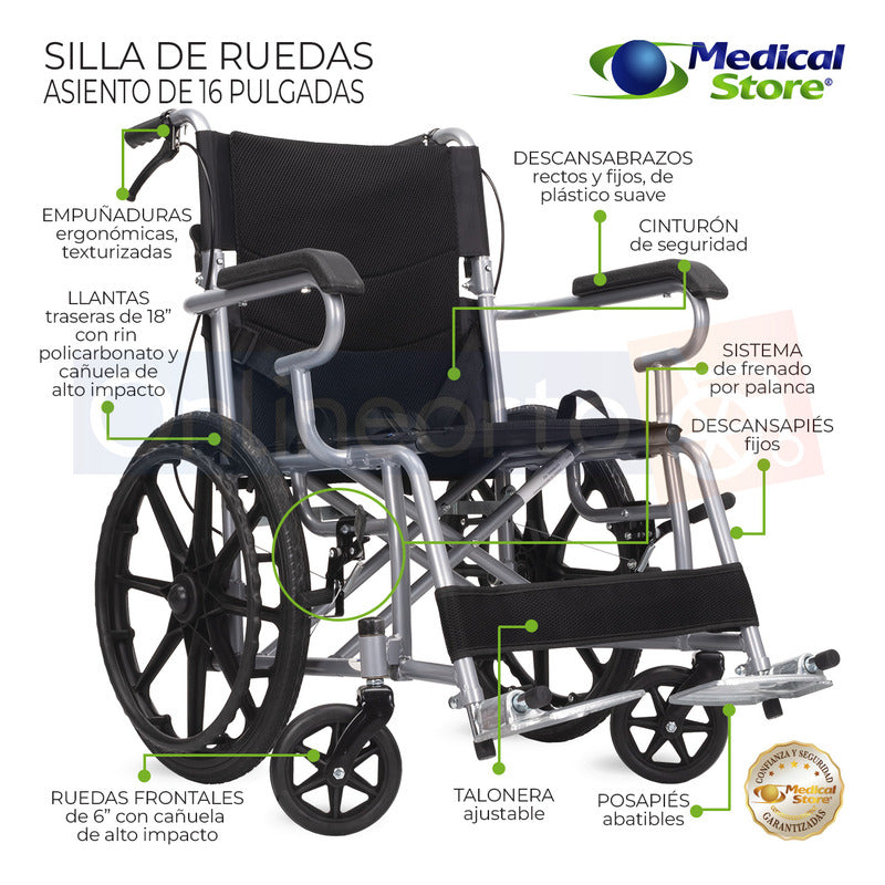 Silla De Ruedas Traslado Ligera Compacta Gris Medical Store