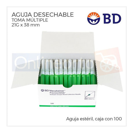 Aguja Vacutainer 21g X 38 Mm Bd Verde Caja Con 100 Pzas