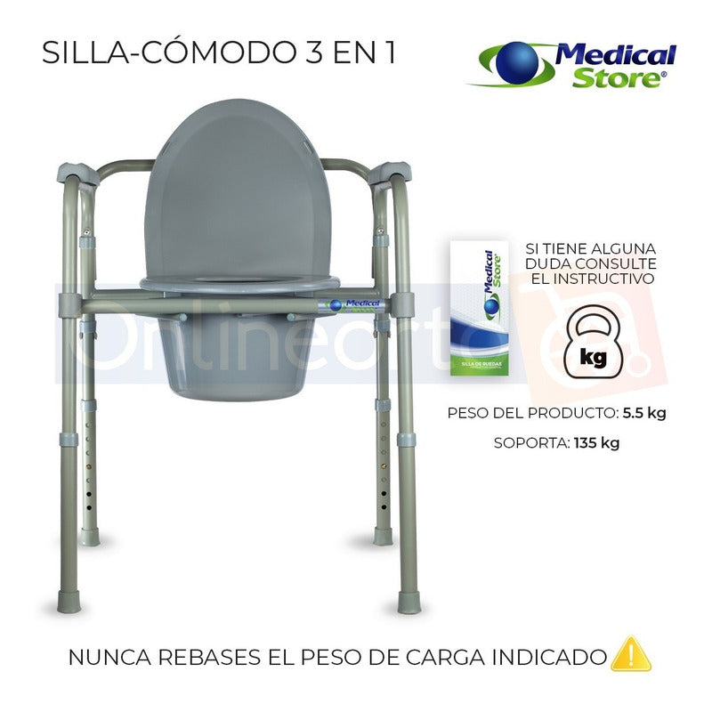 Silla Comodo Aumento Ducha Para Wc Baño 3 En 1 Plegable Ms