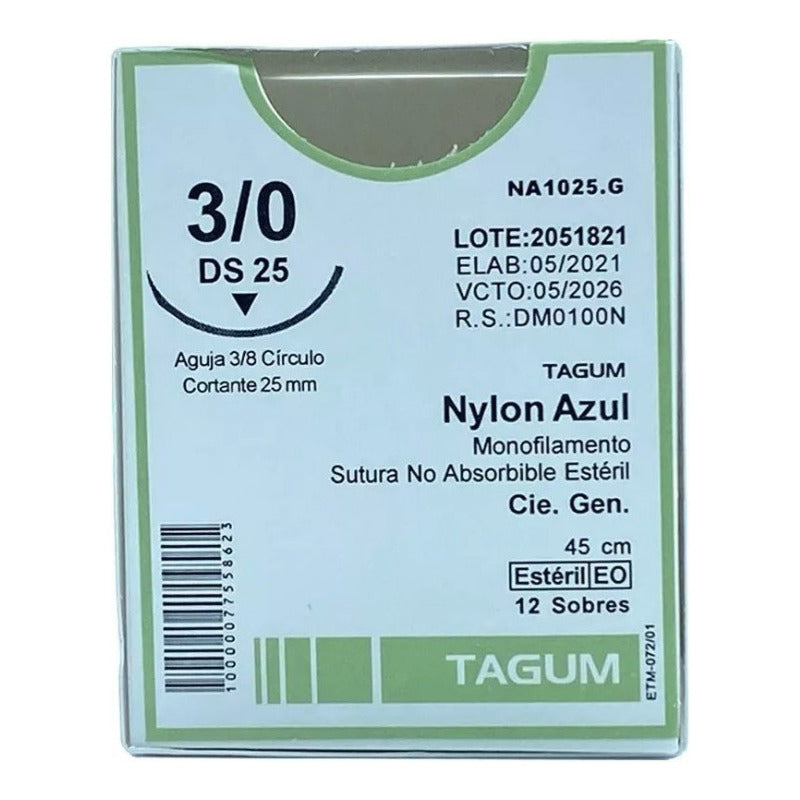 Hilo Sutura Con Aguja Quirurgica Curva Nylon 3-0 25 Mm 12 Pz