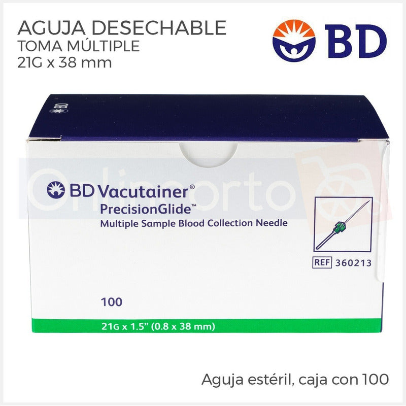 Aguja Vacutainer 21g X 38 Mm Bd Verde Caja Con 100 Pzas