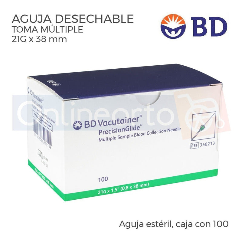 Aguja Vacutainer 21g X 38 Mm Bd Verde Caja Con 100 Pzas