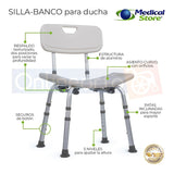 Silla Ducha Baño Respaldo Aluminio Altura Ajustable