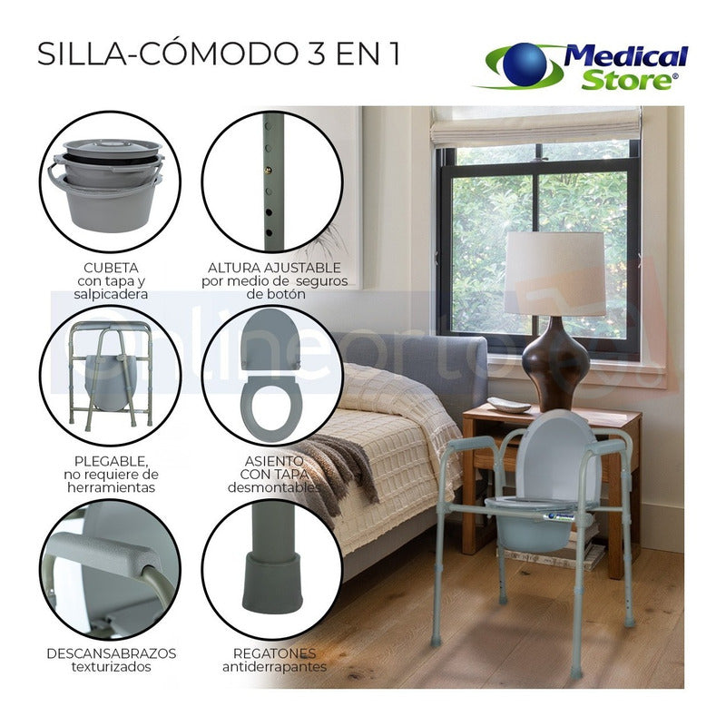 Silla Comodo Aumento Ducha Para Wc Baño 3 En 1 Plegable Ms