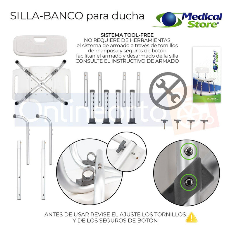 Silla Ducha Baño Respaldo Altura  Ajustable  Aluminio Banco