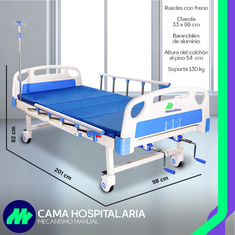 Cama Hospitalaria De Lujo Manual Medical Dos Manivelas Inclinación Cabeza Y Pies Incluye Colchon Seccionado Impermeable Porta Suero 4 Ganchos Mesa De Sobreponer Soporta 130 Kg Color Blanco