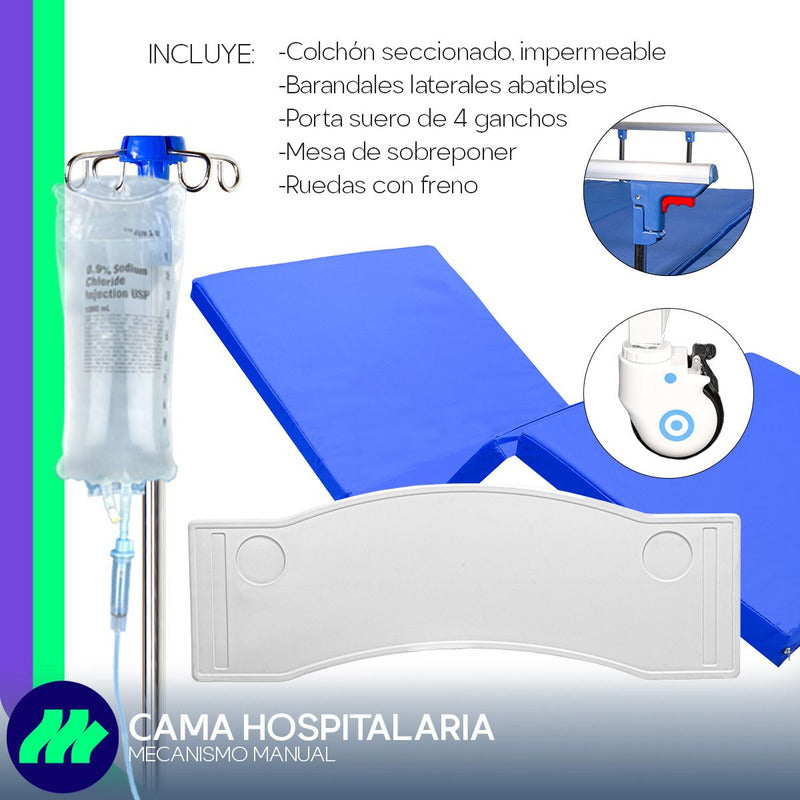Cama Hospitalaria De Lujo Manual Medical Dos Manivelas Inclinación Cabeza Y Pies Incluye Colchon Seccionado Impermeable Porta Suero 4 Ganchos Mesa De Sobreponer Soporta 130 Kg Color Blanco