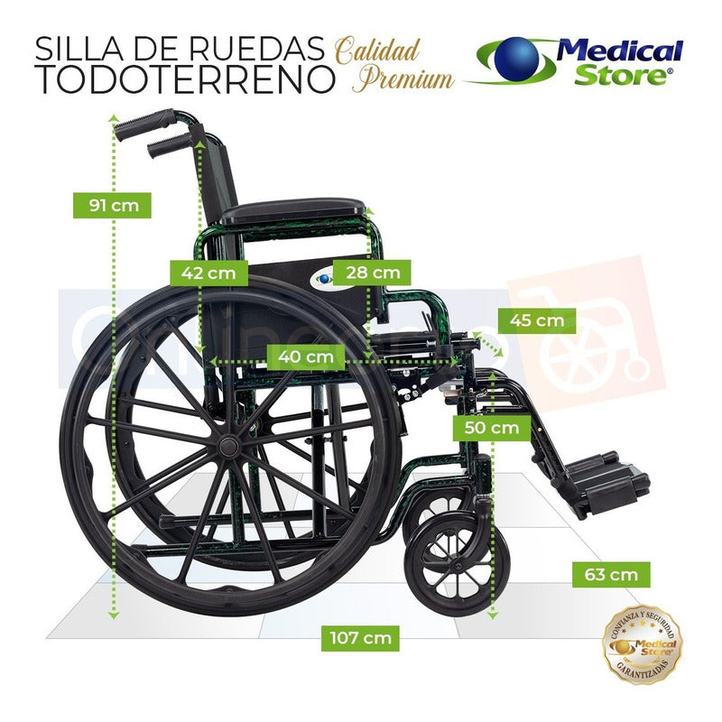 Silla De Ruedas Todo Terreno Traslado Acero Plegable Ligera