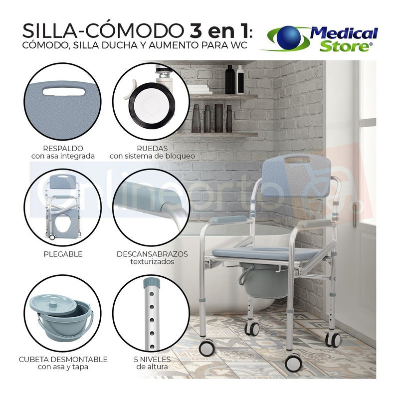 Silla Comodo Aumento Ducha Para Wc Baño 3 En 1 Aluminio