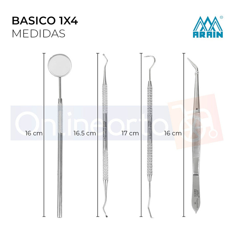 Kit Básico 1x4 Instrumental Acero Inoxidable Dental