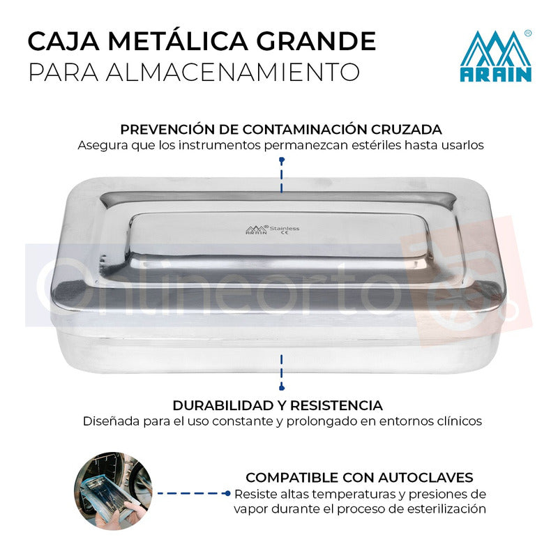 Caja Metalica Grande Instrumental Inox 20 X 10 X 4 Cm