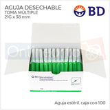 Aguja Vacutainer 21g X 38 Mm Bd Verde Caja Con 100 Pzas