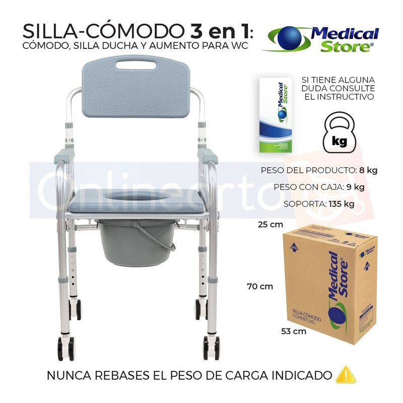 Silla Comodo Aumento Ducha Para Wc Baño 3 En 1 Aluminio