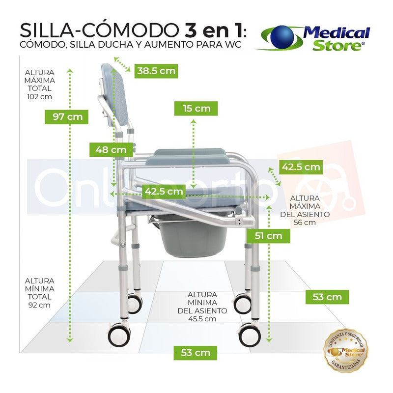 Silla Comodo Aumento Ducha Para Wc Baño 3 En 1 Aluminio