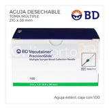 Aguja Vacutainer 21g X 38 Mm Bd Verde Caja Con 100 Pzas