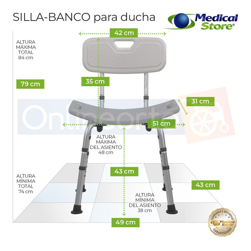 Silla Ducha Baño Respaldo Aluminio Altura Ajustable