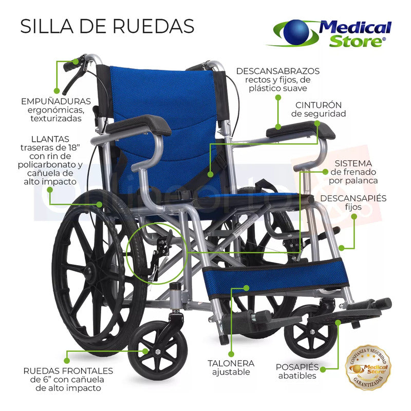 Silla De Ruedas  Traslado Plegable Ligera Compacta Con Freno