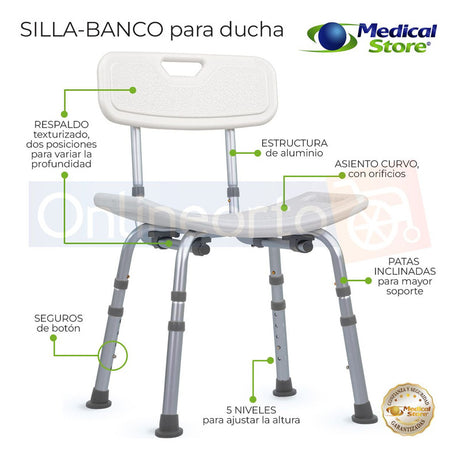 Silla Ducha Baño Respaldo Altura  Ajustable  Aluminio Banco