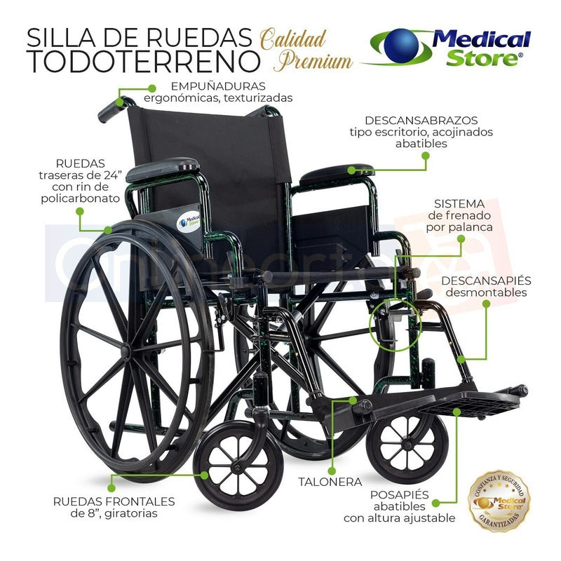 Silla De Ruedas Todo Terreno Traslado Acero Plegable Ligera