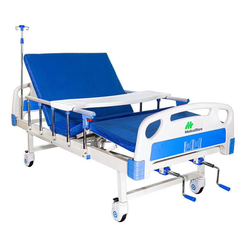 Cama Hospitalaria De Lujo Manual Medical Dos Manivelas Inclinación Cabeza Y Pies Incluye Colchon Seccionado Impermeable Porta Suero 4 Ganchos Mesa De Sobreponer Soporta 130 Kg Color Blanco
