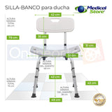 Silla Ducha Baño Respaldo Altura  Ajustable  Aluminio Banco