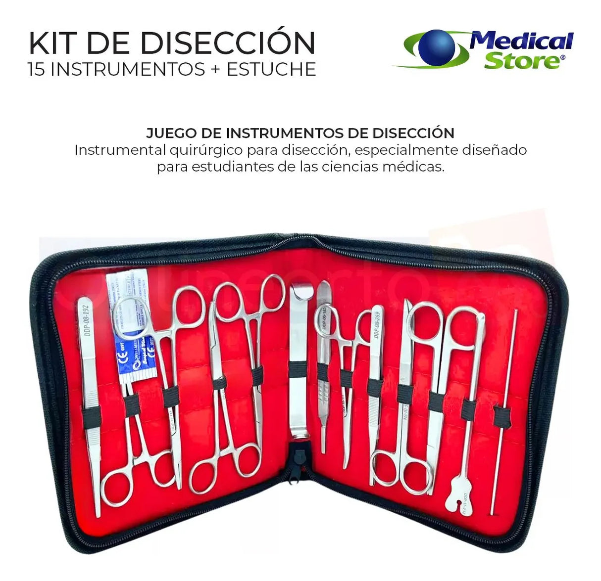 Kit de Instrumental Quirúrgico Estuche 15 Piezas Acero Inoxidable Reusable Estudiantes y Profesionales