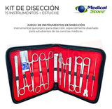 Kit de Instrumental Quirúrgico Estuche 15 Piezas Acero Inoxidable Reusable Estudiantes y Profesionales