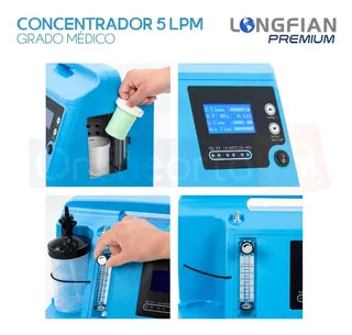 Concentrador de Oxígeno Longfian Azul 5L Estacionario con Nebulizador y Alarmas para Adultos y Niños Uso Clínico