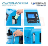 Concentrador de Oxígeno Longfian Azul 5L Estacionario con Nebulizador y Alarmas para Adultos y Niños Uso Clínico