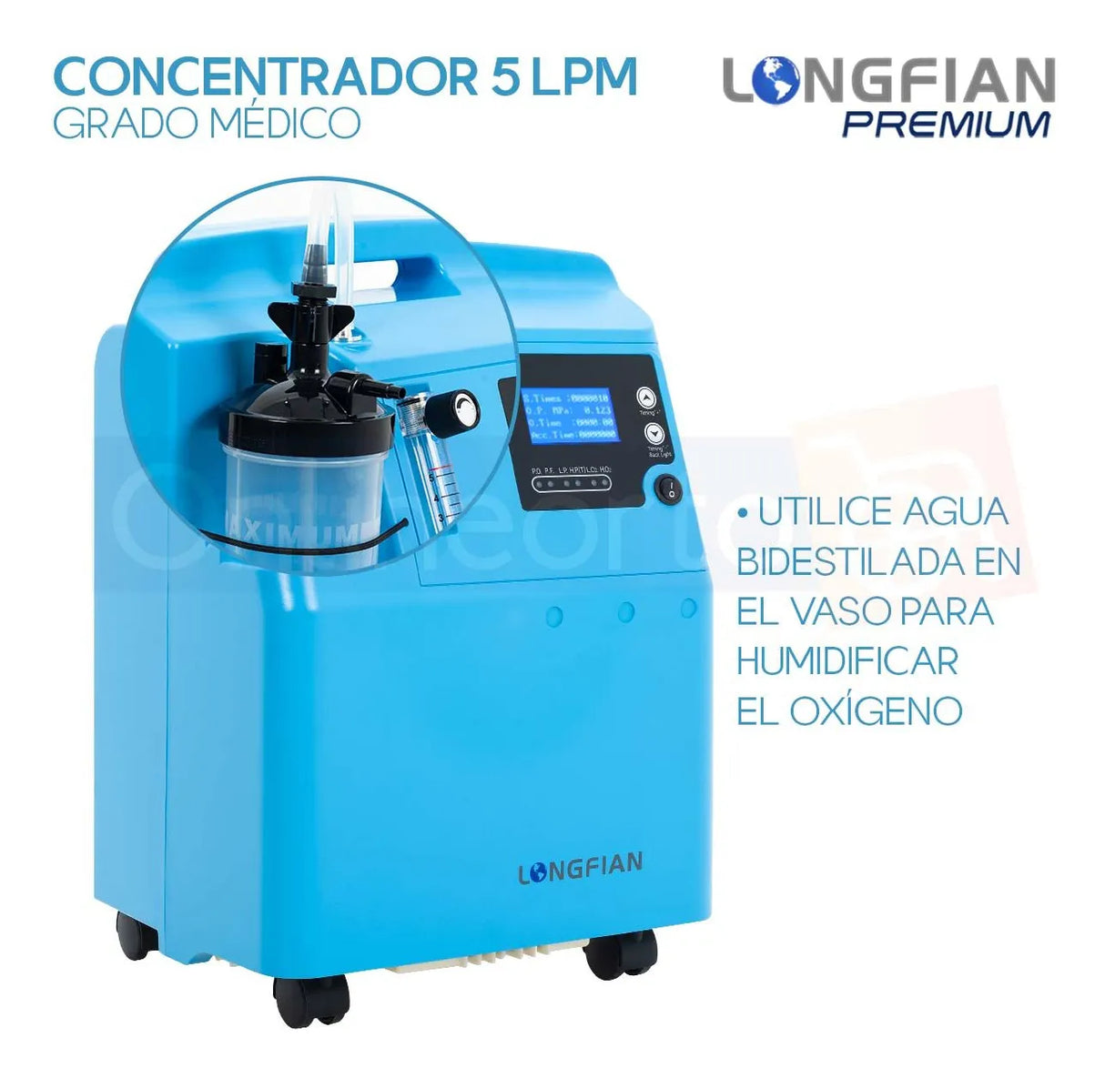 Concentrador de Oxígeno Longfian Azul 5L Estacionario con Nebulizador y Alarmas para Adultos y Niños Uso Clínico