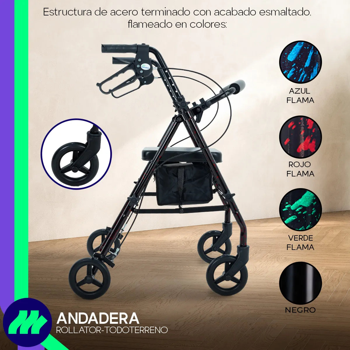 Andadera ortopédica con frenos de seguridad y bloqueo en ruedas traseras.