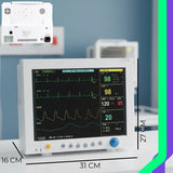 Vista lateral del CMS7000 con puertos para sensores, conexión a sistema central y líneas de comunicación clínicas.