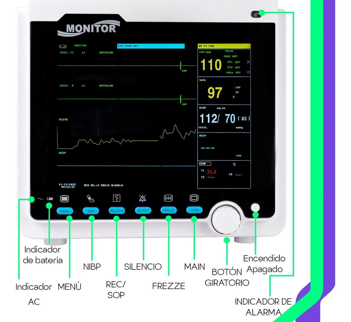 Accesorios originales: sensor SpO2, cable ECG, manguito NIBP, sonda de temperatura y cables de conexión. Listo para su uso inmediato.